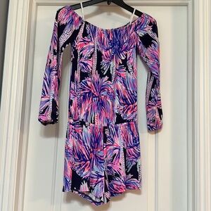 Lilly Pulitzer Pink and Purple Pattern Off-The-Shoulder Long Puff Sleeve Romper